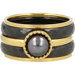 My Bendel Zwarte Keramieken ringenset met goudkleurige aanschuifringen en zwarte parel - Ringenset met zwart faced geslepen Keramieken ringen, fijne aanschuifringen en zwarte parel - Met luxe cadeauverpakking