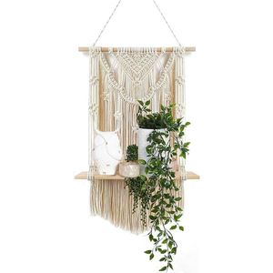 Macramé wandrek, boho-decoratie, houten zwevende plank, plantenhanger, rek, organizer, handgeweven chic hangrek met kwast, wandrek voor woning, dorm, kamer, balkon