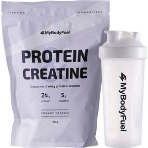 MyBodyFuel - Whey Protein & Creatine Bundel - Cookies & Cream - Eiwitpoeder met creatine monohydraat - Eiwit shake - 1000 gram - Inclusief shakebeker wit