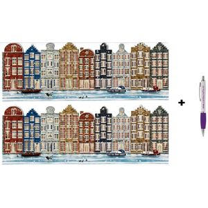 16 Luxe Stans Kerst- en Nieuwjaarskaarten - Hollandse grachtenpanden - 22x8cm - Gevouwen kaarten met enveloppen