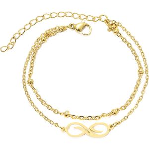 Goudkleurige armband met oneindigheidsteken - gouden Infinity teken en armband met gouden bolletjes - 1 armband bestaand uit twee delen - 18 cm + 5 cm verlengkettinkje