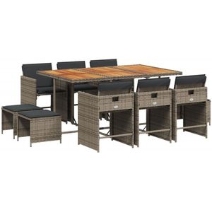 vidaXL 11-delige Tuinset met kussens poly rattan grijs - Tuinset - Tuinsets - Loungeset - Tuintafel