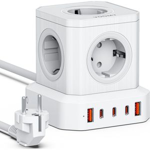 Voomy Cube 100W Stekkerdoos - 3 USB-C & 2 USB-A Poorten - 5 Stopcontacten - Aan / Uit schakelaar - Snellader voor Laptop, Telefoon & Tablet - Powercube - Oplader, Adapter, Verlengsnoer - Wit