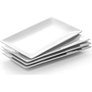 Porseleinen serveerbord, 12 x 6 inch rechthoekige serveerborden, witte serveerborden voor dessert, voorgerechten, vlees, vis, sushi, schotel, enz., rechthoekige borden, set van 4