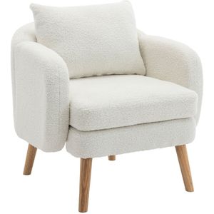 Merax Teddy Velvet Fauteuil – Comfortabele Loungestoel met Extra Dikke Zitting – Houten Poten – Inclusief Kussen – Wit