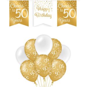 50 Jaar Verjaardag Decoratie Versiering - Feest Versiering - Vlaggenlijn - Ballonnen - Man & Vrouw - Goud en Wit