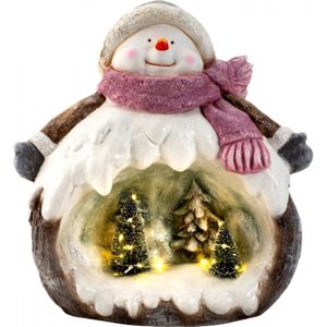 Kristmar Sneeuwpop - Kerstfiguur met kerstbomen - Kestdorp figuur met LED-verlichting - Ø32xH37.5 cm - Magnesia - Bruin/Wit