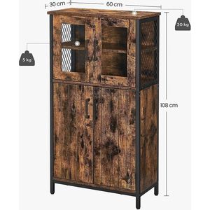 Hoppa! badkamermeubel, dressoir, opbergkast, verstelbare plank, stalen frame, vintage bruin-zwart, 60x30x108 cm (BxDxH)