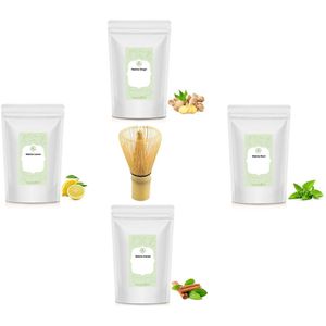 Proefpakket Matcha Thee - Inclusief Bamboe Matcha Klopper - Matcha Ginger - Matcha Munt - Matcha Kaneel - Matcha Lemon - Matcha thee - Groene thee - Matcha poeder - 4 x 15 gram