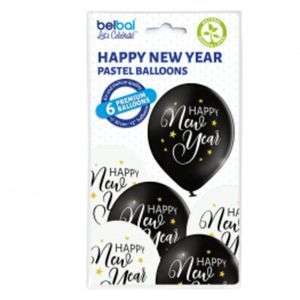 Ballonnen Happy New Year - zwart/wit - 6 stuks