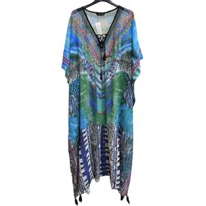 Kaftan half transparant kaftan grote maten met steentjes 32/L 128/105cm One size 42-54 blauw/groen/grijs/roze