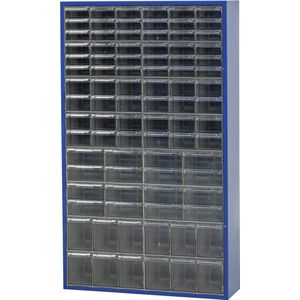 Klein materiaal wandkast met schuifbakken, Ladenkast, Assortimentskast, Magazijnkast, Onderdelenkast | 88 bakken | 128x76x22 cm | Blauw | ASK-305 | Povag