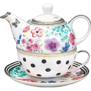 Melli Mello Luxe Theepot en Theemok 2-in-1 - incl Schoteltje - Porselein - 600ml - High Tea Set - Tea for One - 14x15x15cm