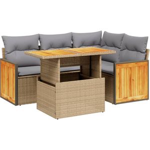 vidaXL - 5-delige - Loungeset - met - kussens - poly - rattan - beige