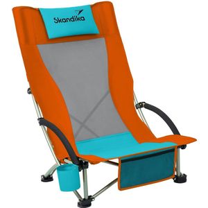 Skandika Beach Klapstoel - Stoel - Comfortabele strandstoel - Campingstoel - Lichtgewicht - Bekerhouder - Makkelijk te vervoeren - Max. 136 kg - 59x70x85 cm (BxDxH) - Opvouwbare ligstoel - Strand, kamperen, camping, festival, vissen - oranje/blauw