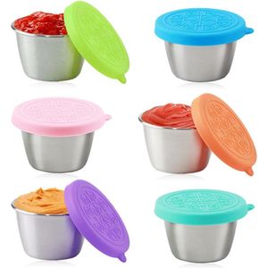 Saladecontainer, 6 x 70 ml kleine roestvrijstalen kruidencontainer, voedselopslagcontainers met deksel, dressingcontainer, herbruikbare mini-sauscontainer, snackdoos, voedselcontainerset