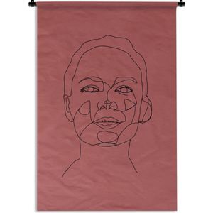 Wandkleed Line-art Vrouwengezicht - 20 - Line-art illustratie blij vrouwengezicht op een rode achtergrond Wandkleed katoen 60x90 cm - Wandtapijt met foto