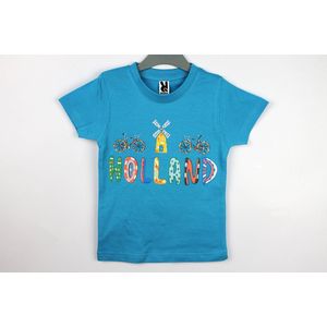 Kinder t-shirt blauw Holland molen en fiets | Maat 98