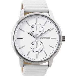 OOZOO Timepieces - Zilverkleurige horloge met witte leren band - C9450