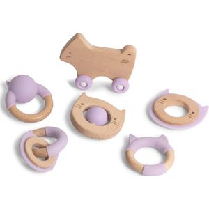 Silibaby - Houten speelgoed met silicone voor baby - Bijtring - Bijtspeelgoed - 6 stuks - Paars