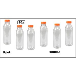 30x Flesje helder 1000cc met oranje dop- vernieuwd - gerecycled PET drinken jus sinas cola sappen dranken