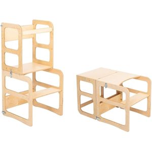 Montessori Keukentoren Peutertoren Leertoren - 2-in-1 Transformeerbare Keukentrap - Tafel & Stoel - GELAKT