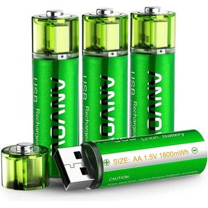 Anvow® USB oplaadbare Li-ion Batterij 1.5V 1800mWh (4stuks) - met Magnetisch Deksel - Ultralicht - Snelladen - AA Batterijen - Oplaadbaar via USB Poort