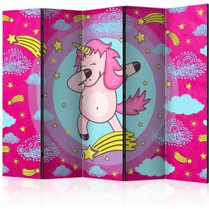 Vouwscherm - Dansend Eenhoorn, roze, gemonteerd geleverd, dubbelzijdig geprint (kamerscherm) 225x172 cm