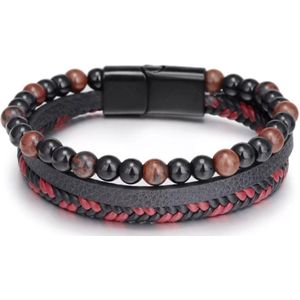 Leerella Armband dames en heren – dubbel snoer – zwart gevlochten leer rond - Bruin zwart steen - kralen - Leerella -zwart RVS sluiting - Model O - Valentijnsdag - Verjaardag - Cadeautjes