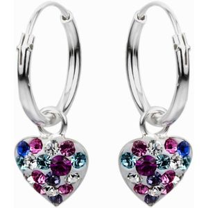 Oorbellen meisje | Zilveren kinderoorbellen | Zilveren oorringen, hart hanger met gekleurde kristallen