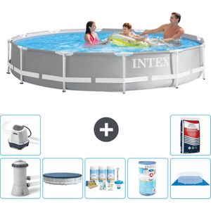 Intex Rond Prism Frame Zwembad - 366 x 76 cm - Grijs - Inclusief Pomp Afdekzeil - Onderhoudspakket - Filter - Grondzeil - Zoutwatersysteem - Zwembadzout
