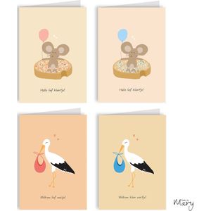 8x geboortekaartjes - Luxe wenskaarten gevouwen - Inclusief witte enveloppen - Made by Mary