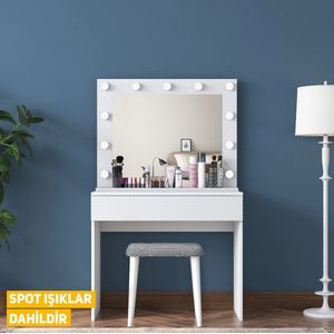 Moderne Witte Make-up tafel met LED Verlichting - Kaptafel met Spiegel, 1 Grote Lade - Stijlvolle Opslag voor Make-up