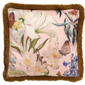 Dutch Decor HANNA - Sierkussen velvet - 45x45 cm - Dusty Pink - roze bloemen - vlinders - franjes - Inclusief binnenkussen