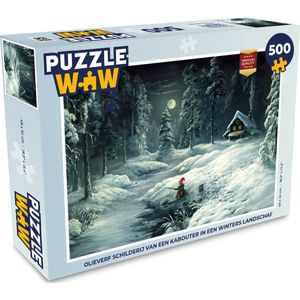 Puzzel Olieverf schilderij van een kabouter in een winters landschap - Legpuzzel - Puzzel 500 stukjes
