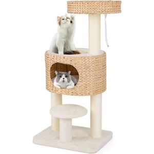 COSTWAY Krabpaal met kattenmand, 104 cm hoog, kattenboom met zitstang en platform, bed, bal & sisal krabzuilen, klimboom van buiskolven, kattenkrabpaal katten, beige + natuur