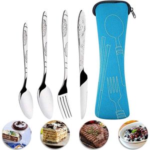 4 stuks RVS bestek set met mes, lepel en vork - Draagbare lichtgewicht servies set voor kamperen/huis/feest