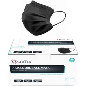 Omnitex Type IIR Zwarte wegwerp medische mondkapjes met oorlussen | EN14683:2019 | 98% filtratie, vloeistofbestendig chirurgisch mondmaskers 2R - 3 laags masker - 50 stuks Premium quality Made in the EU