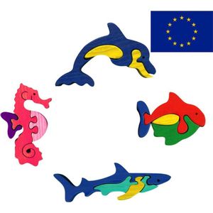 Fauna Speelgoed | Themaset Zee | Houten vormenpuzzelset (4 mini puzzels) | 100% Handgemaakt in Europa