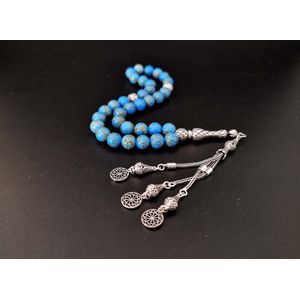 Handgemaakte Tasbih Zilver 925 en Natuursteen ""Blauw howliet gesponnen goud"" -Tasbih met tassel ""Decoratieve Cirkels""-Mooi cadeau voor Moederdag, Vaderdag, vrienden en familie