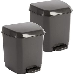 2x Donkergrijze pedaalemmers vuilnisbakken/prullenbakken 7 liter 21 x 22 x 26 cm - Kunststof/plastic vuilnisemmers- Dameshygiene afvalbakken voor toilet/badkamer