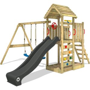 WICKEY speeltoestel klimtoestel MultiFlyer met houten dak, schommel & antracietkleurige glijbaan, outdoor klimtoren voor kinderen met zandbak, ladder & speel-accessoires voor de tuin