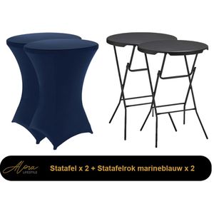 Alora 2x zwarte Statafel + Marineblauwe Statafelrok x 2 – 80 cm Dia x 110 cm hoog – Cocktailtafel – Hoge staan tafel – Breed Blad – Inclusief Marineblauwe Statafelhoes – Staantafelrok Stretch