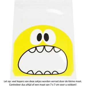 50x Transparante Uitdeelzakjes Monster Design Geel 7 x 7 cm met plakstrip - Cellofaan Plastic Traktatie Kado Zakjes - Snoepzakjes - Koekzakjes - Koekje - Cookie Bags Monster