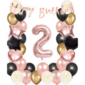 Snoes Ballonnen 2 Jaar Set Mega Rose Black Zwart Ballonen set - Compleet Feestpakket Cijferballon 2 Jaar - Verjaardag Versiering Slinger Happy Birthday – Folieballon – Latex Ballonnen - Helium Ballonnen