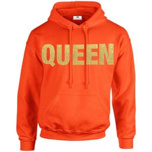 Koningsdag sweater met capuchon-Queen oranje glitter goud-Koningsdag kleding-Dames-Maat Xxl