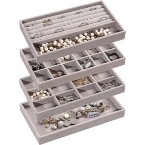 Sieraden Organizer Tray, Stapelbare Fluwelen Sieraden Trays, Lade Inserts Earring Organizer voor Dames Meisjes Sieraden Opbergvitrine voor Ringen Stud Kettingen, Set van 4 (Grijs)