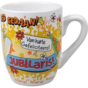 Mok - Cartoon Mok - Gefeliciteerd Jubilaris - In cadeauverpakking met gekleurd lint