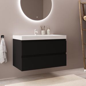 LOMAZOO Badkamermeubel Mat Zwart 80 cm - Wastafel Wit - Wastafelmeubel - Wastafelkast Zwevend [MONACO]