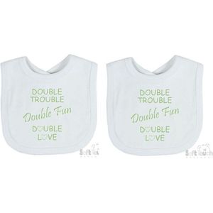 Soft Touch 2-pack Slabber Slabbetje Slab ""Double trouble Double fun Double love"" Unisex Tweeling Katoen Wit/sage green (saliegroen) Maat 33x22 Cm